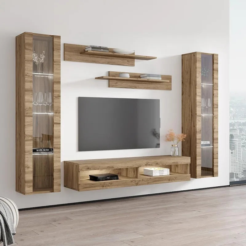 Mueble de TV flotante de pared con luces LED en blanco/negro/roble – Montaje para 1 persona