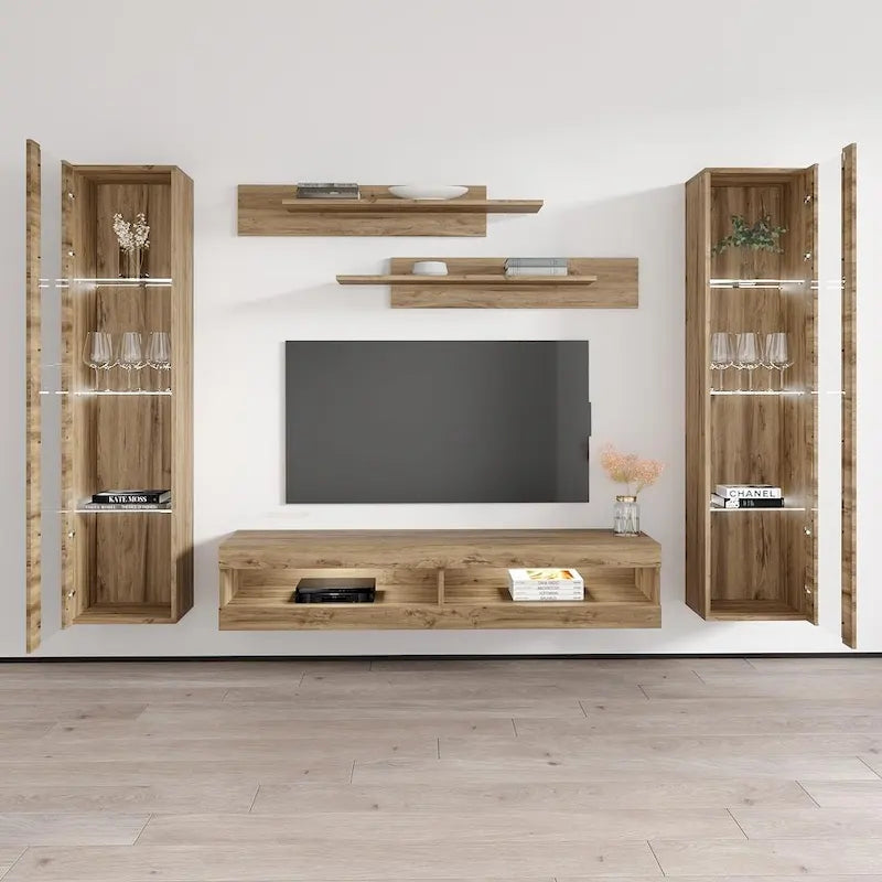 Mueble de TV flotante de pared con luces LED en blanco/negro/roble – Montaje para 1 persona