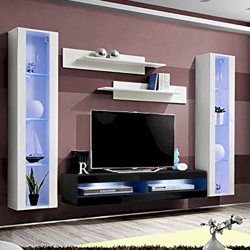 Mueble de TV flotante de pared con luces LED en blanco/negro/roble – Montaje para 1 persona