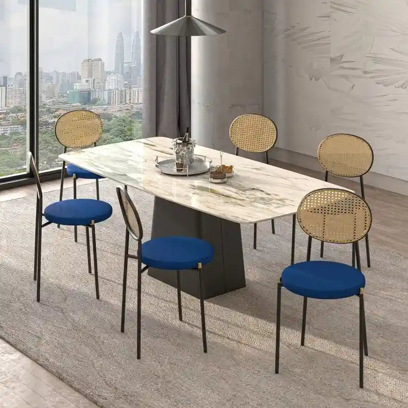 Juego de 2 sillas de comedor, respaldo de mimbre y asiento de terciopelo, azul marino / beige / negro / gris
