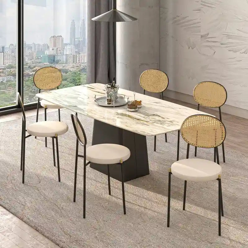 Juego de 2 sillas de comedor, respaldo de mimbre y asiento de terciopelo, azul marino / beige / negro / gris