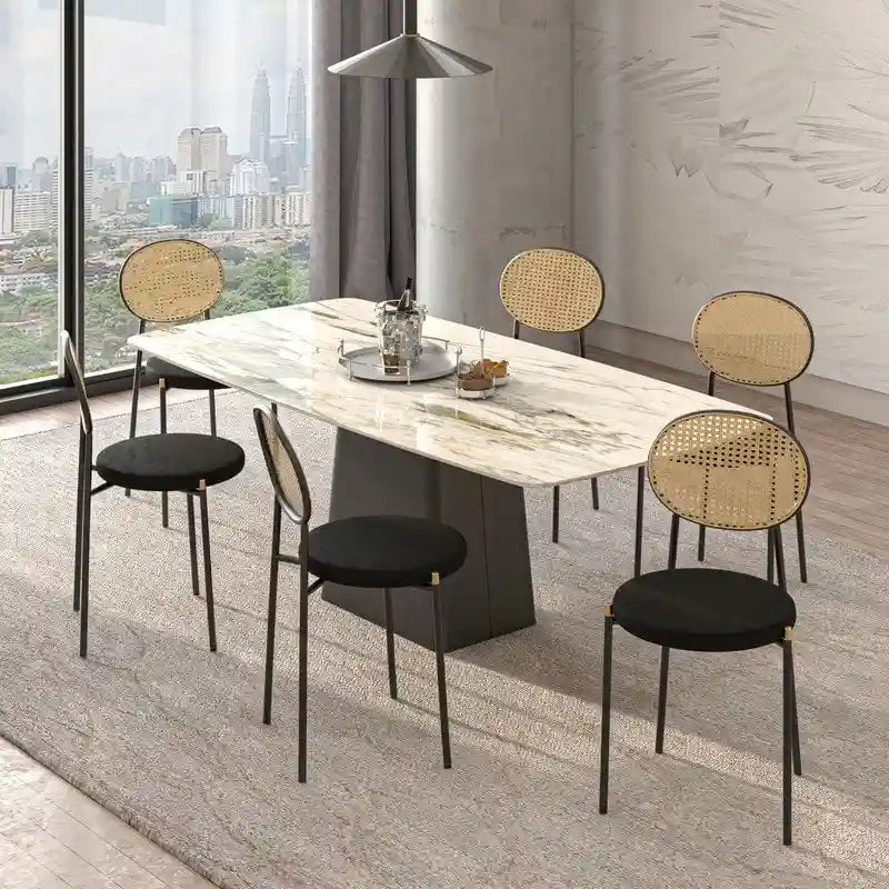 Juego de 2 sillas de comedor, respaldo de mimbre y asiento de terciopelo, azul marino / beige / negro / gris
