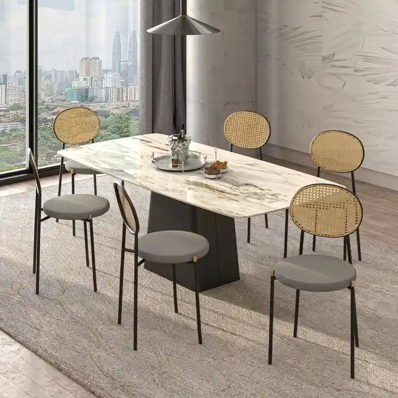 Juego de 2 sillas de comedor, respaldo de mimbre y asiento de terciopelo, azul marino / beige / negro / gris