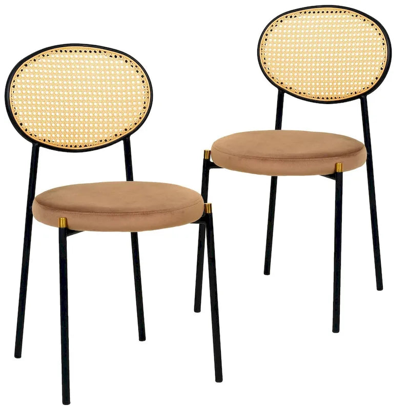 Juego de 2 sillas de comedor, respaldo de mimbre y asiento de terciopelo, azul marino / beige / negro / gris