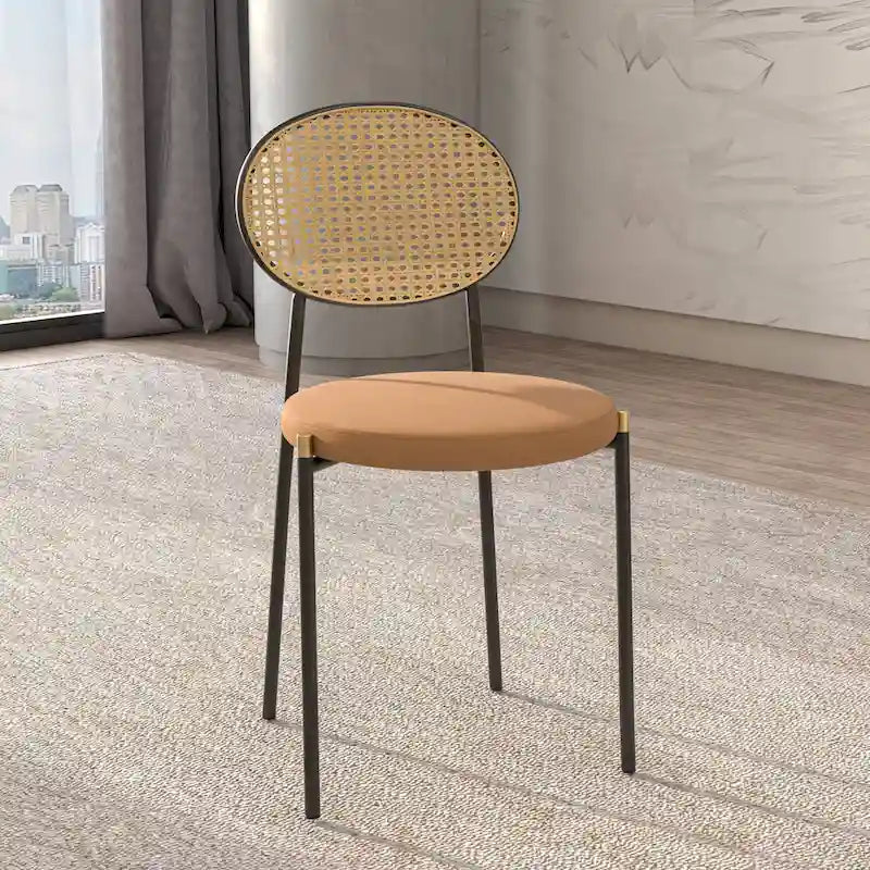 Juego de 2 sillas de comedor, respaldo de mimbre y asiento de terciopelo, azul marino / beige / negro / gris
