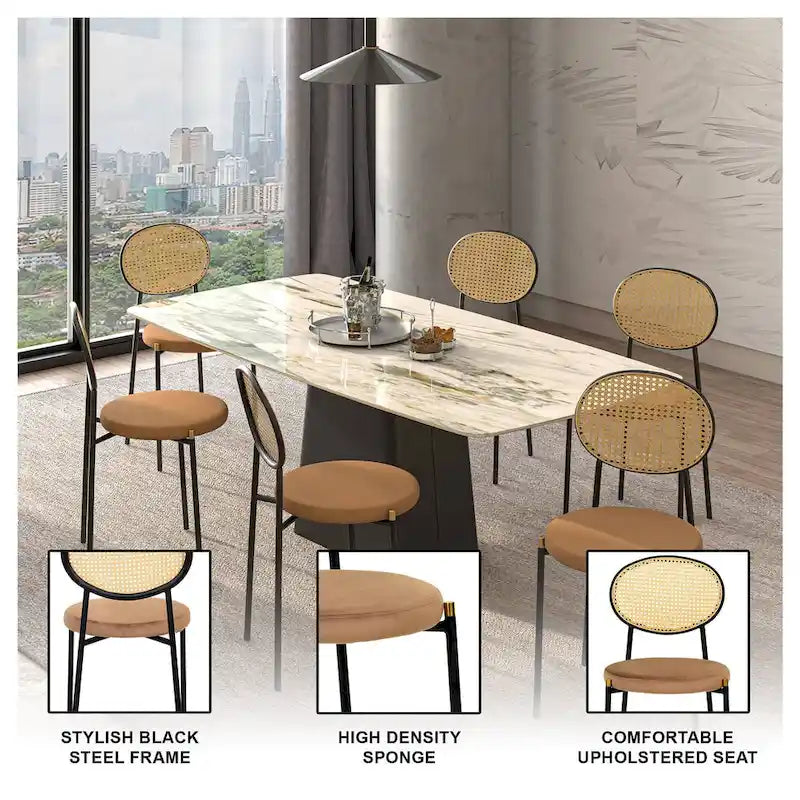 Juego de 2 sillas de comedor, respaldo de mimbre y asiento de terciopelo, azul marino / beige / negro / gris