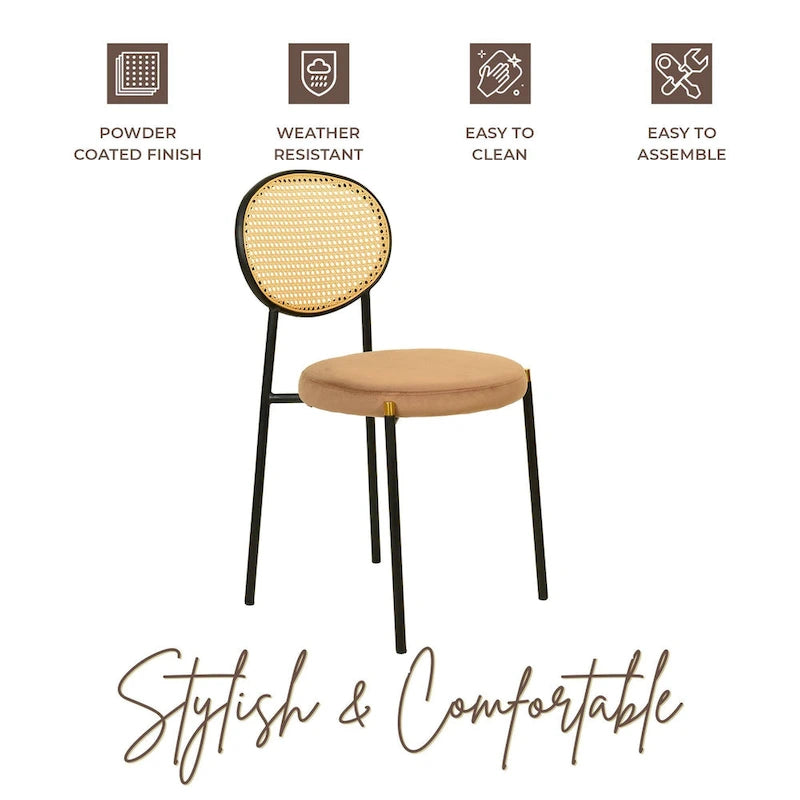 Juego de 2 sillas de comedor, respaldo de mimbre y asiento de terciopelo, azul marino / beige / negro / gris