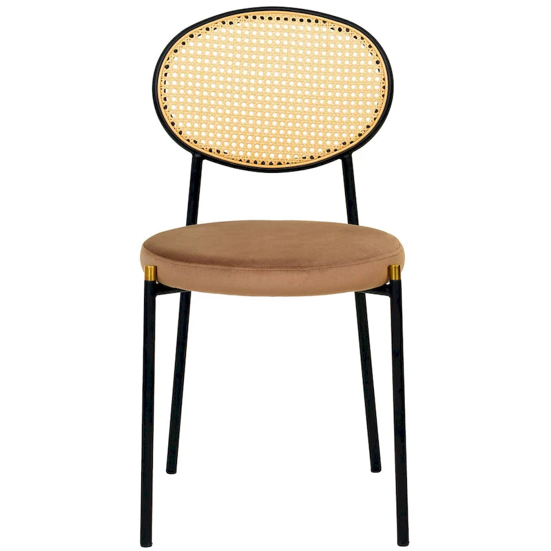 Juego de 2 sillas de comedor, respaldo de mimbre y asiento de terciopelo, azul marino / beige / negro / gris