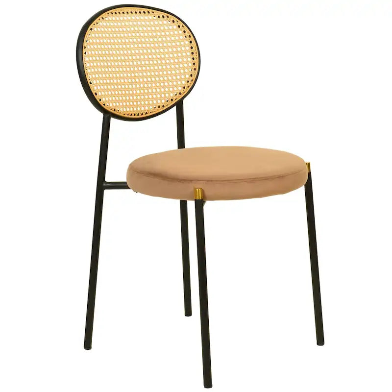 Juego de 2 sillas de comedor, respaldo de mimbre y asiento de terciopelo, azul marino / beige / negro / gris