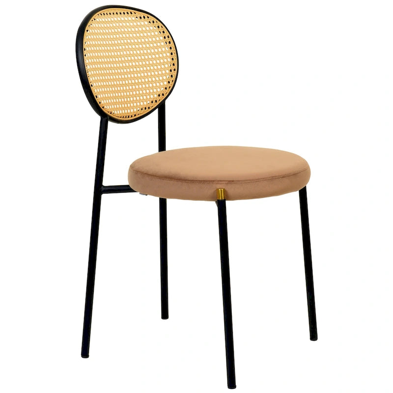 Juego de 2 sillas de comedor, respaldo de mimbre y asiento de terciopelo, azul marino / beige / negro / gris