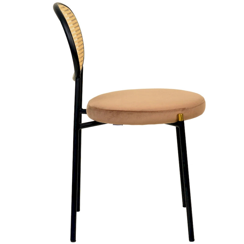 Juego de 2 sillas de comedor, respaldo de mimbre y asiento de terciopelo, azul marino / beige / negro / gris