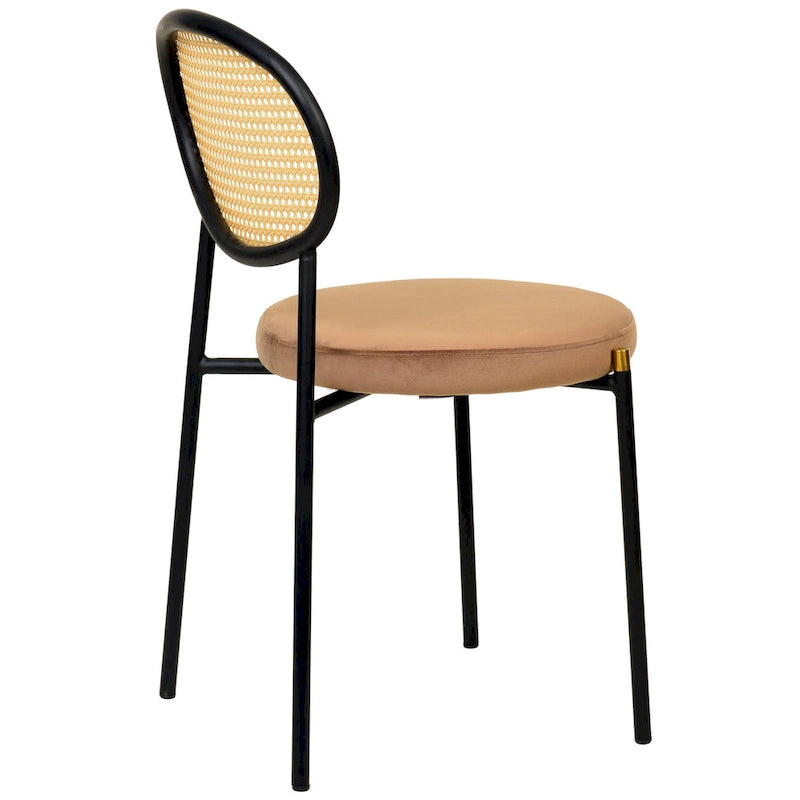Juego de 2 sillas de comedor, respaldo de mimbre y asiento de terciopelo, azul marino / beige / negro / gris