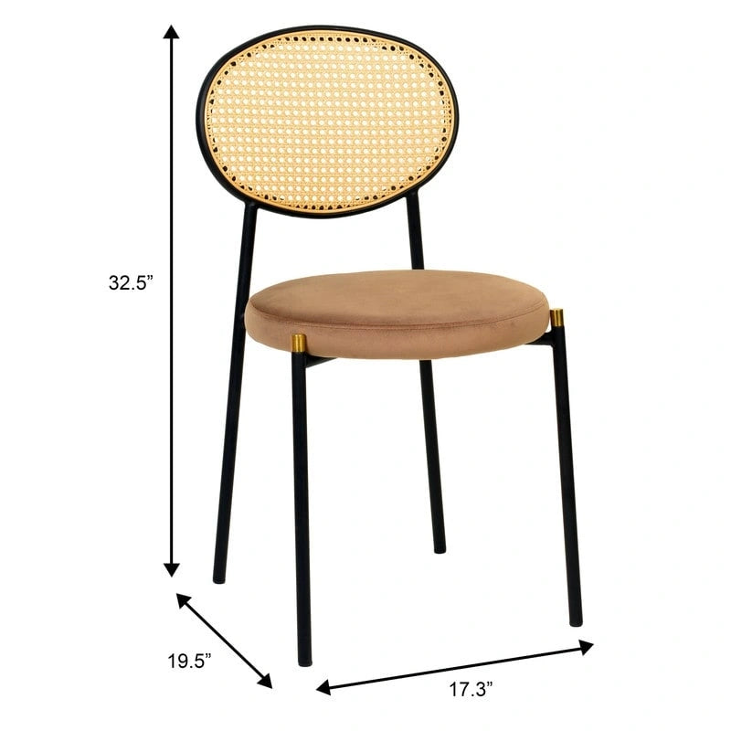 Juego de 2 sillas de comedor, respaldo de mimbre y asiento de terciopelo, azul marino / beige / negro / gris