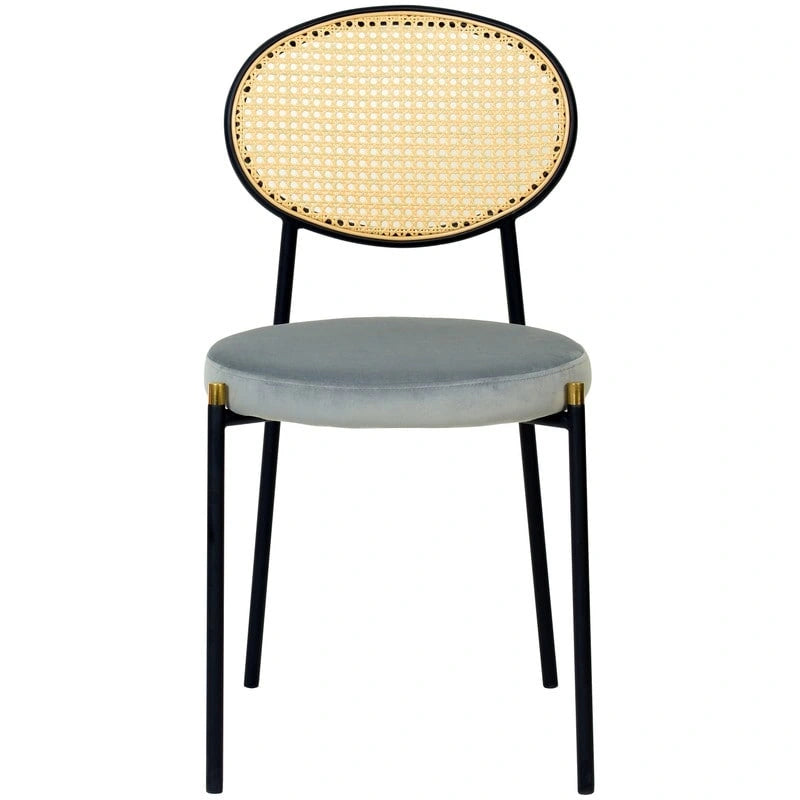 Juego de 2 sillas de comedor, respaldo de mimbre y asiento de terciopelo, azul marino / beige / negro / gris