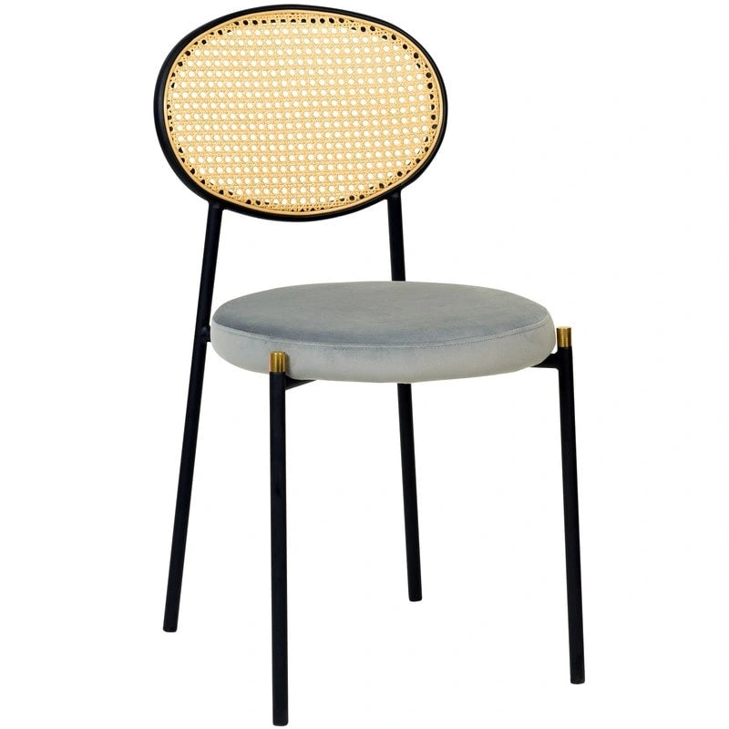 Juego de 2 sillas de comedor, respaldo de mimbre y asiento de terciopelo, azul marino / beige / negro / gris