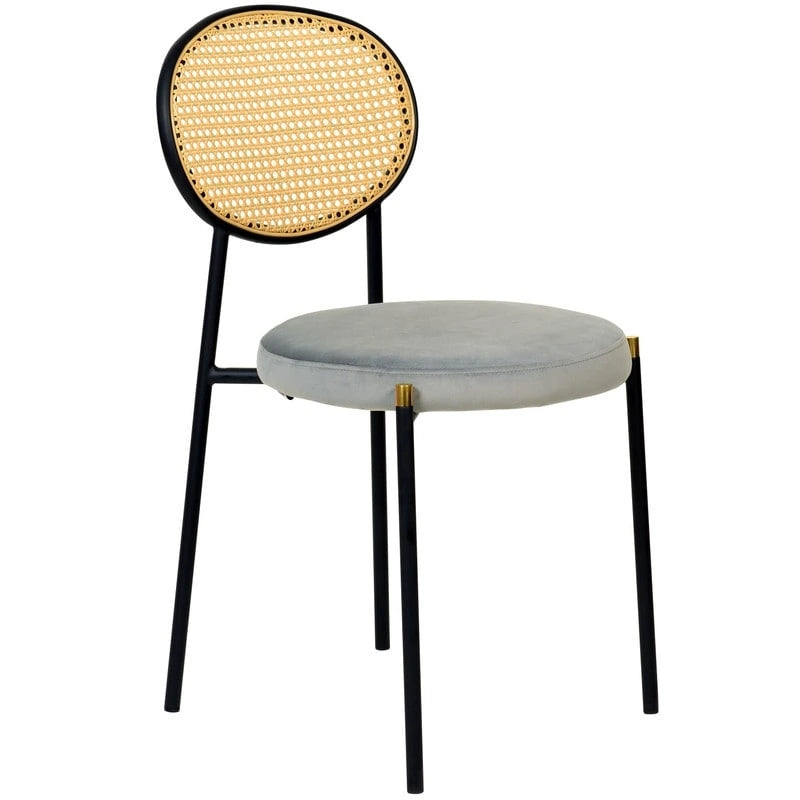 Juego de 2 sillas de comedor, respaldo de mimbre y asiento de terciopelo, azul marino / beige / negro / gris
