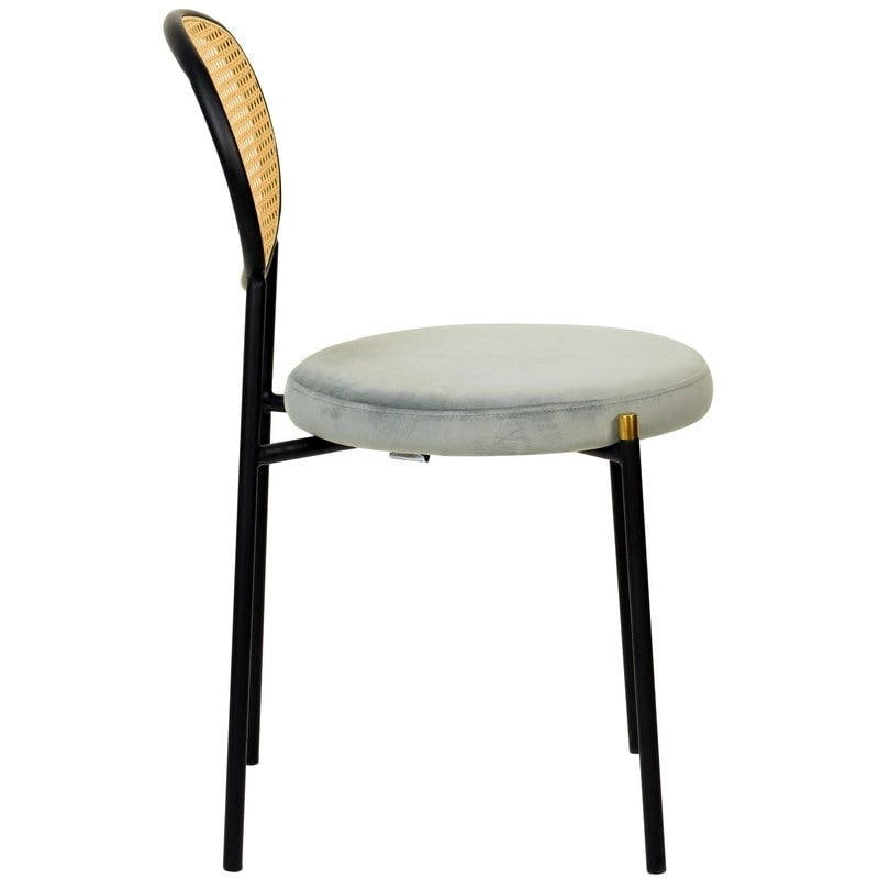 Juego de 2 sillas de comedor, respaldo de mimbre y asiento de terciopelo, azul marino / beige / negro / gris