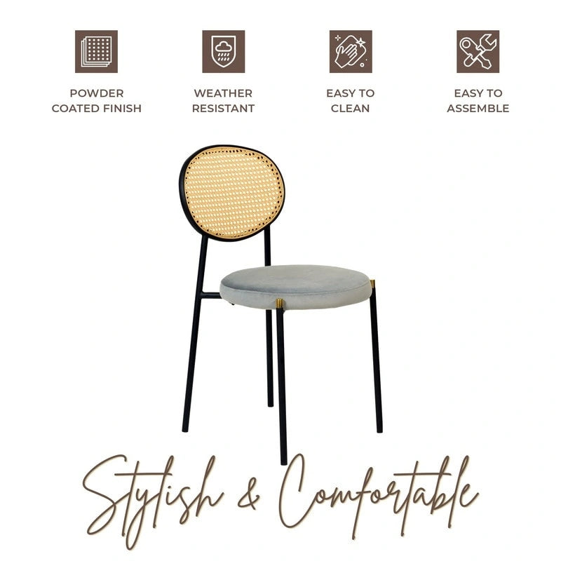 Juego de 2 sillas de comedor, respaldo de mimbre y asiento de terciopelo, azul marino / beige / negro / gris