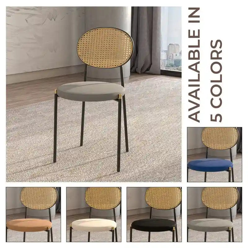 Juego de 2 sillas de comedor, respaldo de mimbre y asiento de terciopelo, azul marino / beige / negro / gris