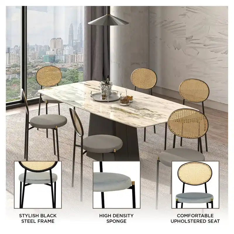 Juego de 2 sillas de comedor, respaldo de mimbre y asiento de terciopelo, azul marino / beige / negro / gris