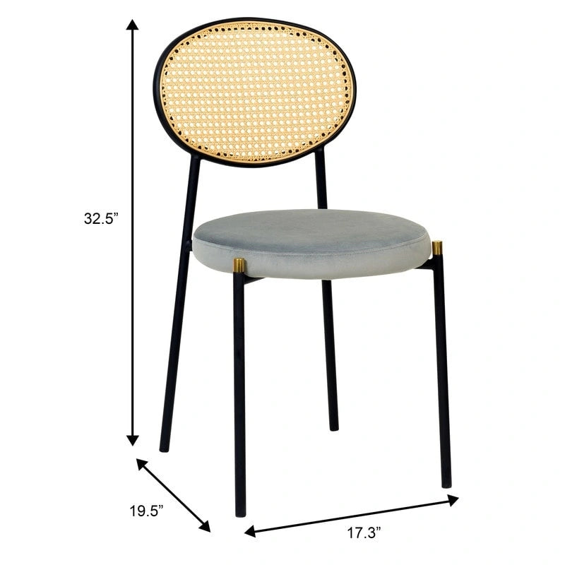 Juego de 2 sillas de comedor, respaldo de mimbre y asiento de terciopelo, azul marino / beige / negro / gris