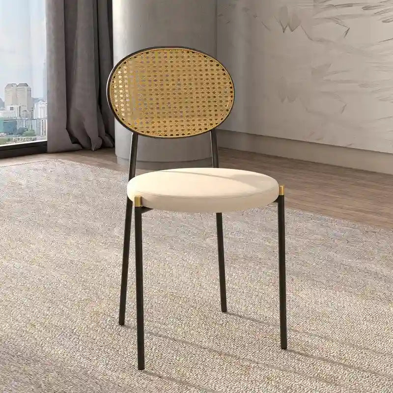 Juego de 2 sillas de comedor, respaldo de mimbre y asiento de terciopelo, azul marino / beige / negro / gris