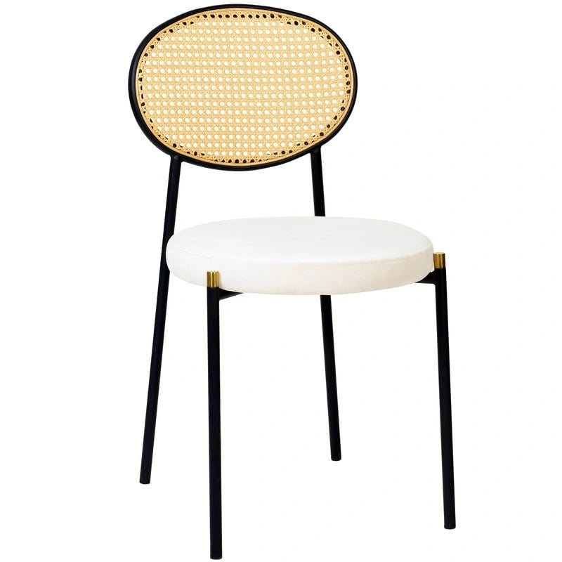 Juego de 2 sillas de comedor, respaldo de mimbre y asiento de terciopelo, azul marino / beige / negro / gris