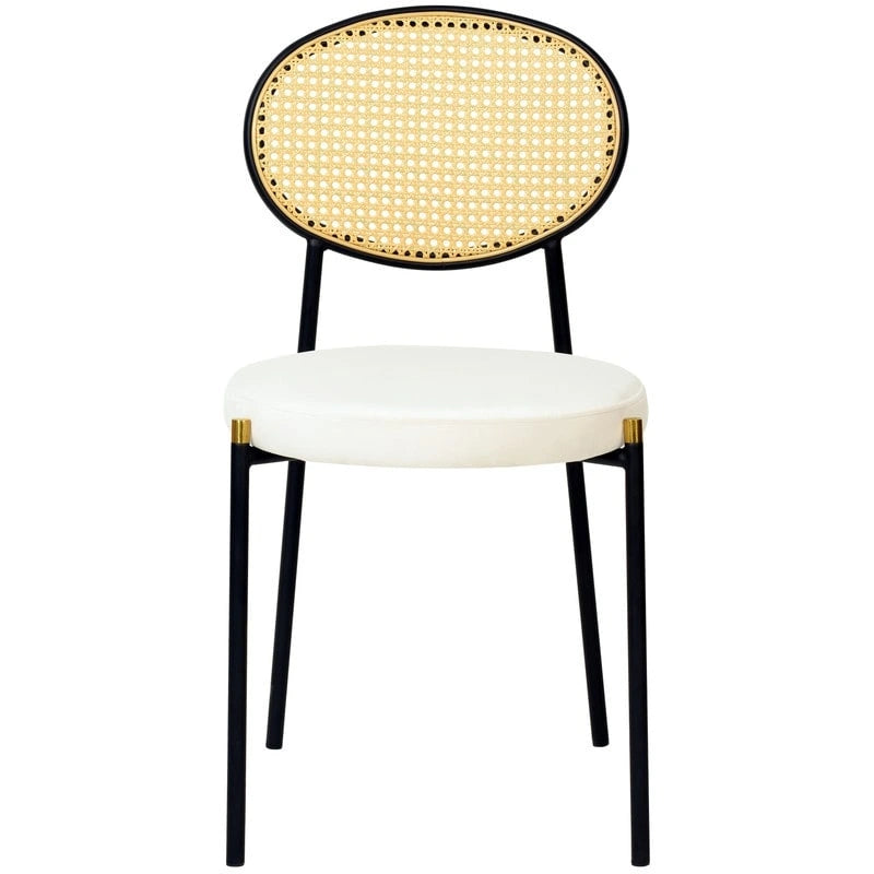 Juego de 2 sillas de comedor, respaldo de mimbre y asiento de terciopelo, azul marino / beige / negro / gris