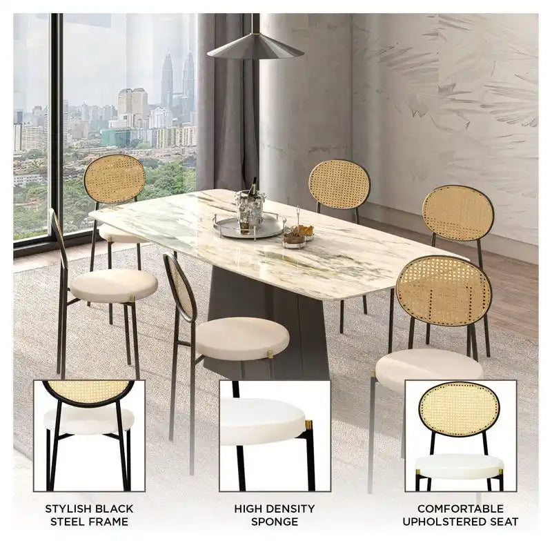 Juego de 2 sillas de comedor, respaldo de mimbre y asiento de terciopelo, azul marino / beige / negro / gris