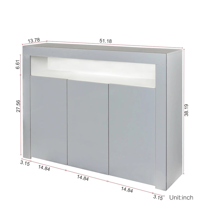 Aparador de alto brillo de 3 puertas blanco/negro con luz LED, unidad individual