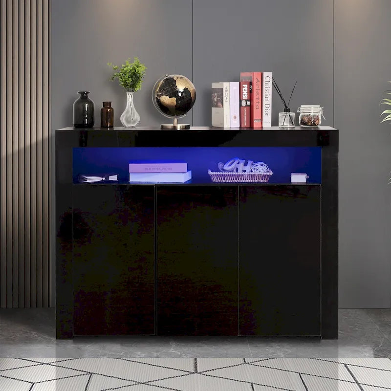 Aparador de alto brillo de 3 puertas blanco/negro con luz LED, unidad individual