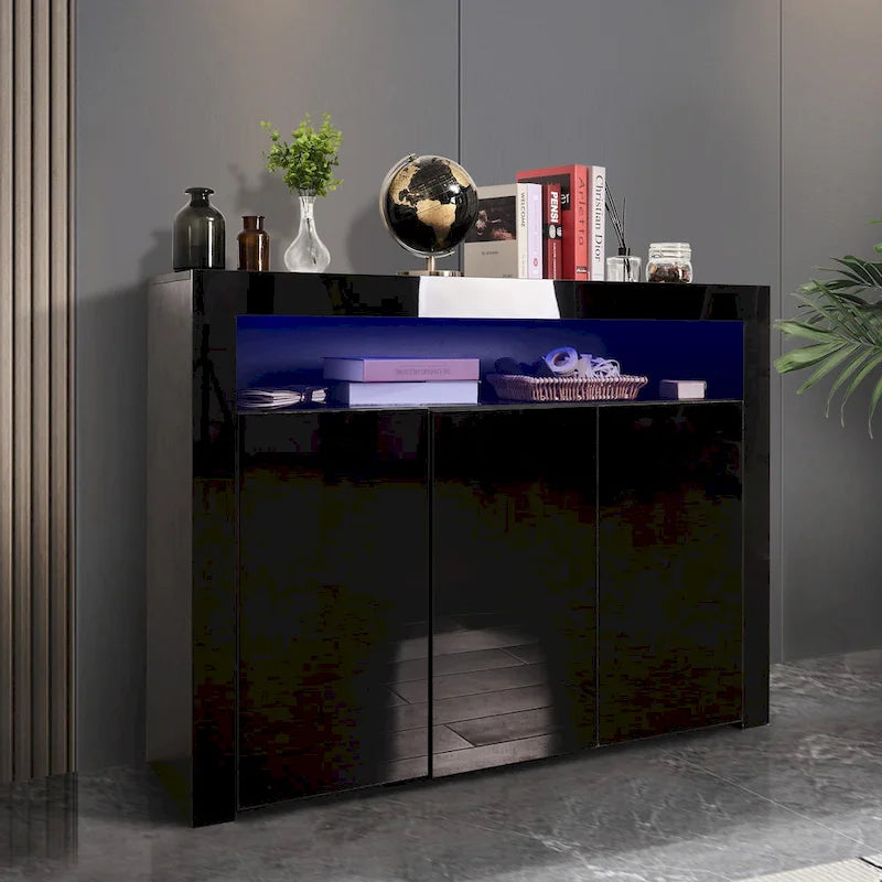 Aparador de alto brillo de 3 puertas blanco/negro con luz LED, unidad individual