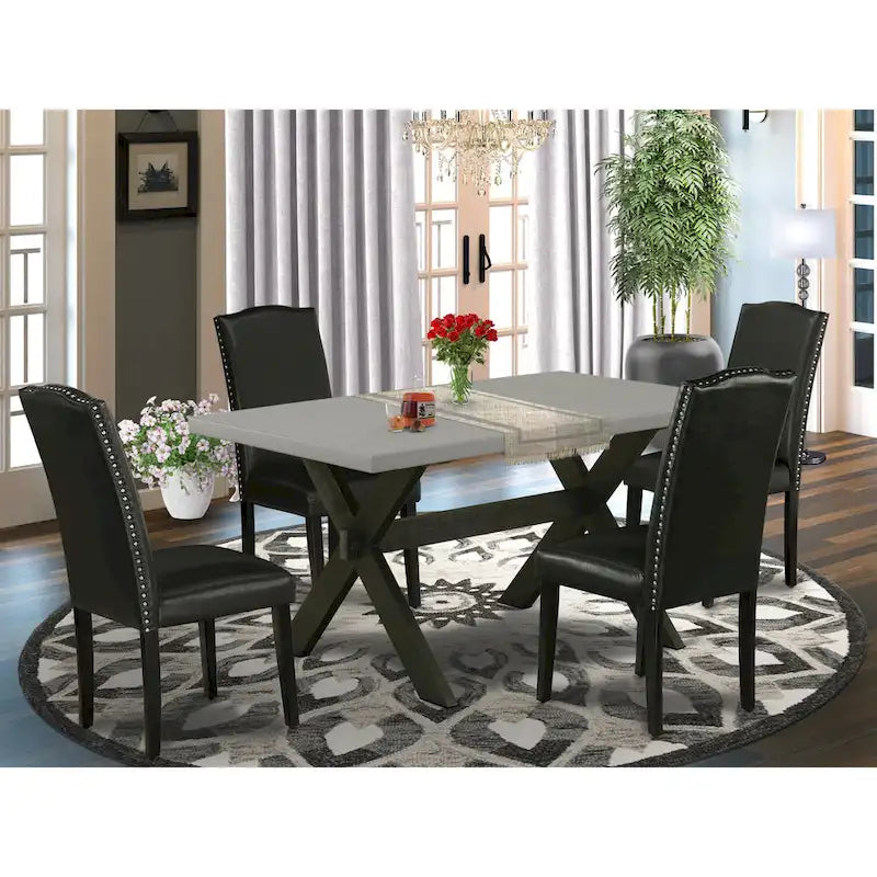 Juego de comedor rectangular negro con cepillado de alambre – Mesa de patas cruzadas y sillas Parson (5/6/7 piezas)