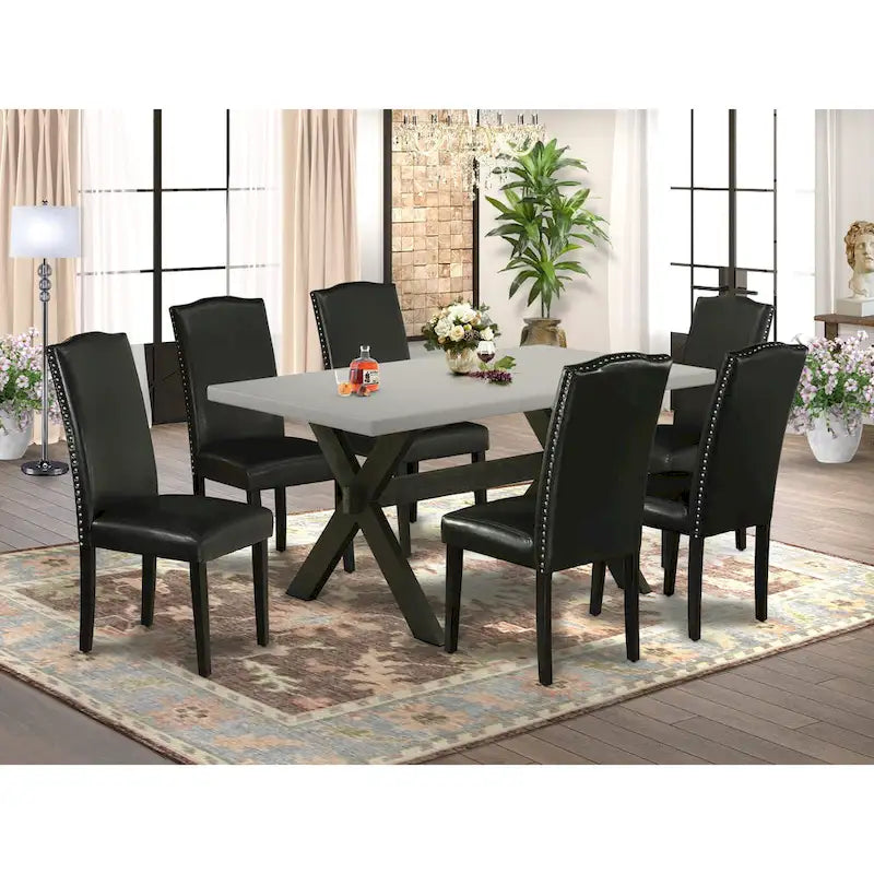 Juego de comedor rectangular negro con cepillado de alambre – Mesa de patas cruzadas y sillas Parson (5/6/7 piezas)