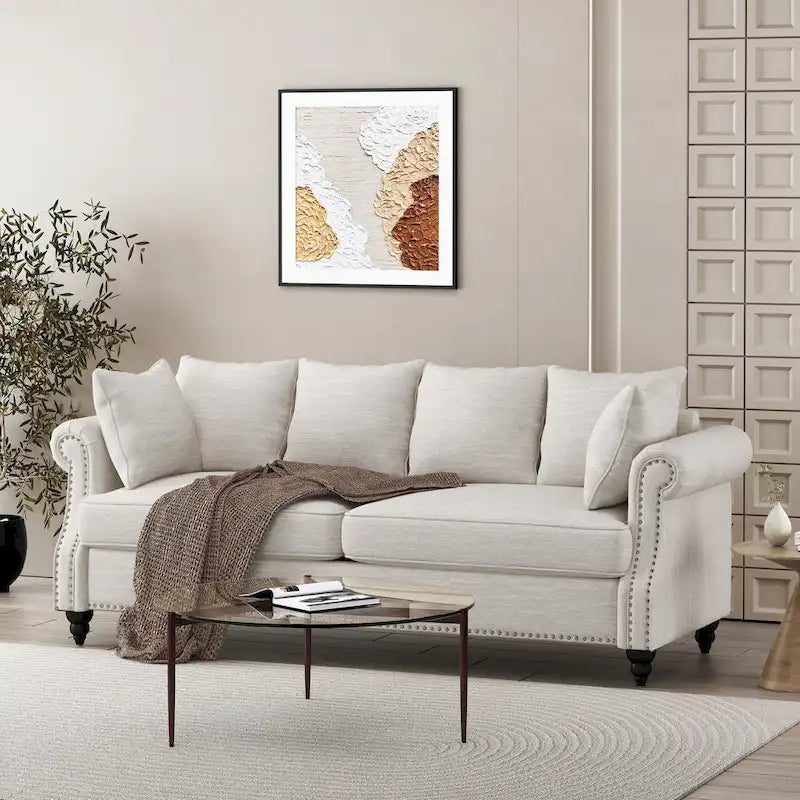 Manbow Fabric Pillowback 3 Seater Sofa with Nailhead Trim by Christopher Knight Home