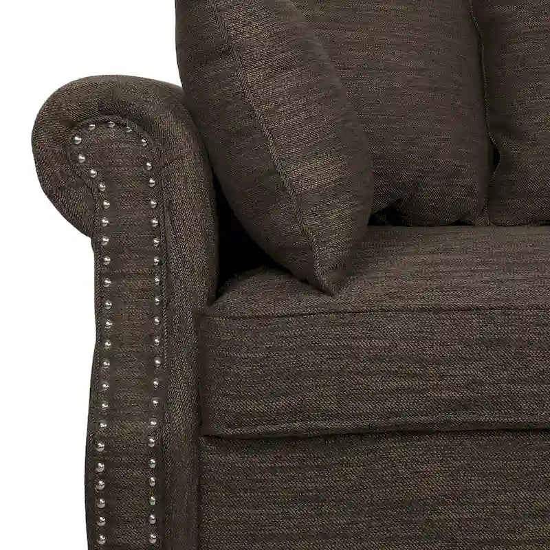 Sofá de 3 plazas de tela beige, carbón, marrón y marrón oscuro con adornos de cabeza de clavo