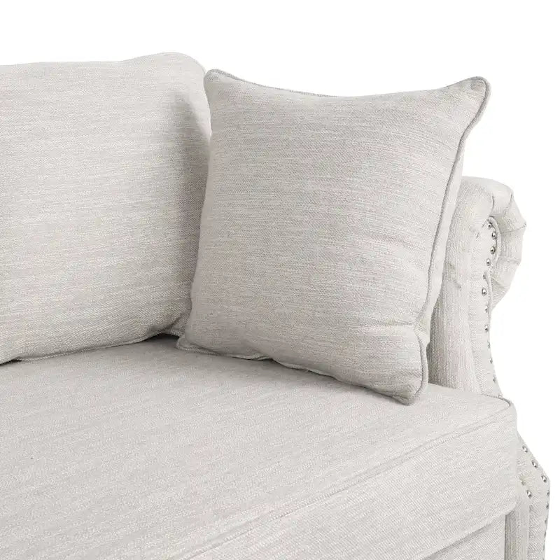 Sofá de 3 plazas de tela beige, carbón, marrón y marrón oscuro con adornos de cabeza de clavo