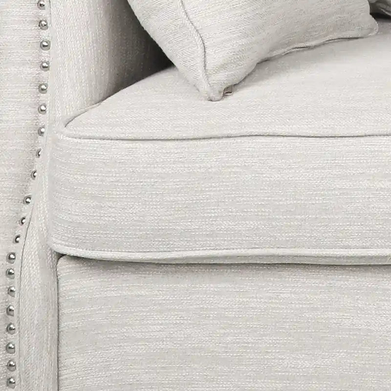 Sofá de 3 plazas de tela beige, carbón, marrón y marrón oscuro con adornos de cabeza de clavo