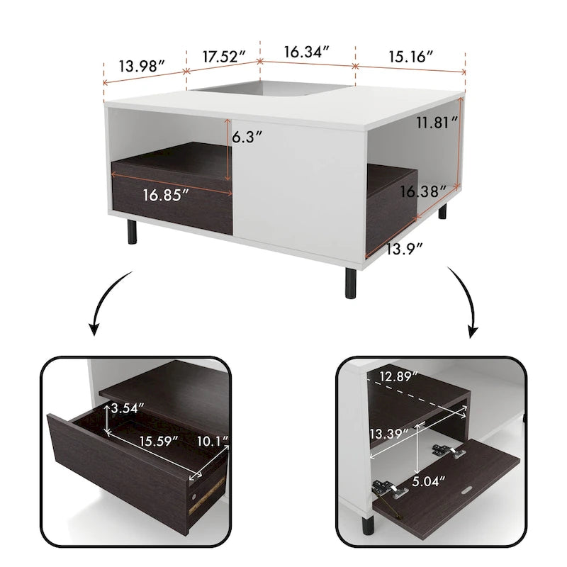 Mesa de centro blanca cuadrada con luz LED, estante y cajón, capacidad para 4 a 6 personas