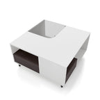 Mesa de centro blanca cuadrada con luz LED, estante y cajón, capacidad para 4 a 6 personas