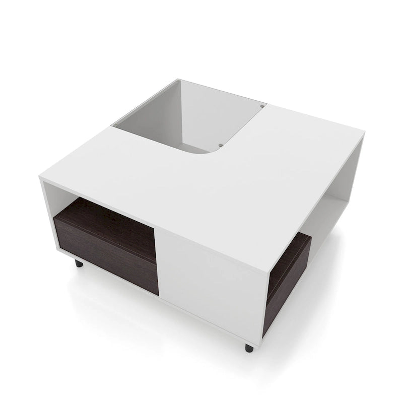 Mesa de centro blanca cuadrada con luz LED, estante y cajón, capacidad para 4 a 6 personas