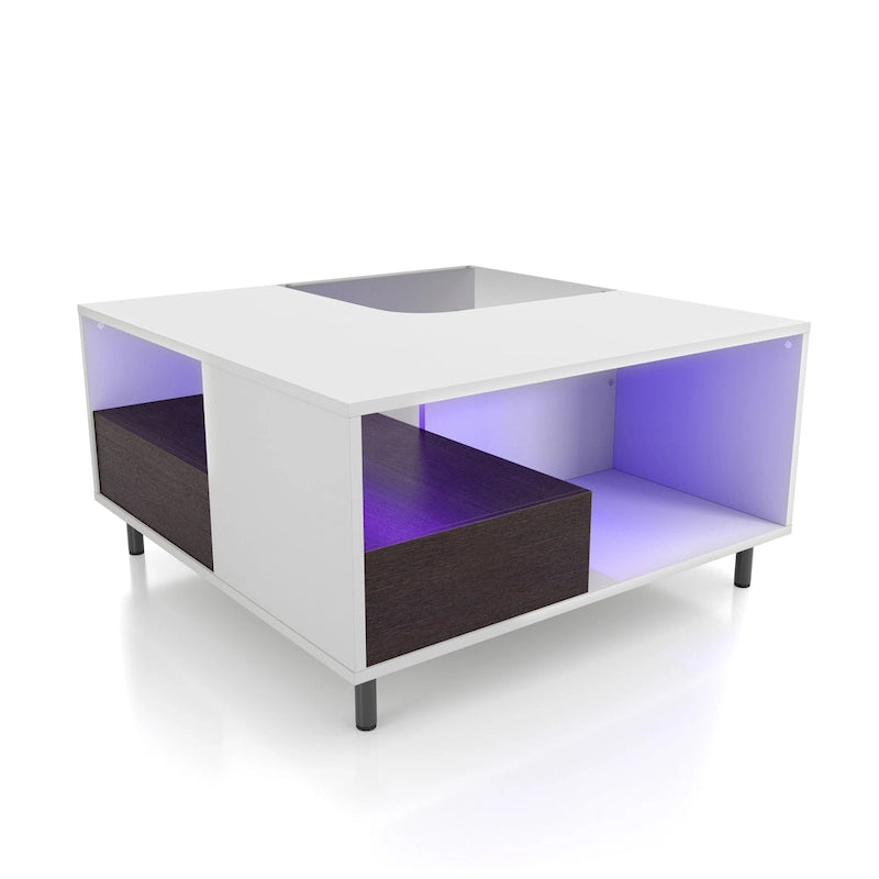 Mesa de centro blanca cuadrada con luz LED, estante y cajón, capacidad para 4 a 6 personas