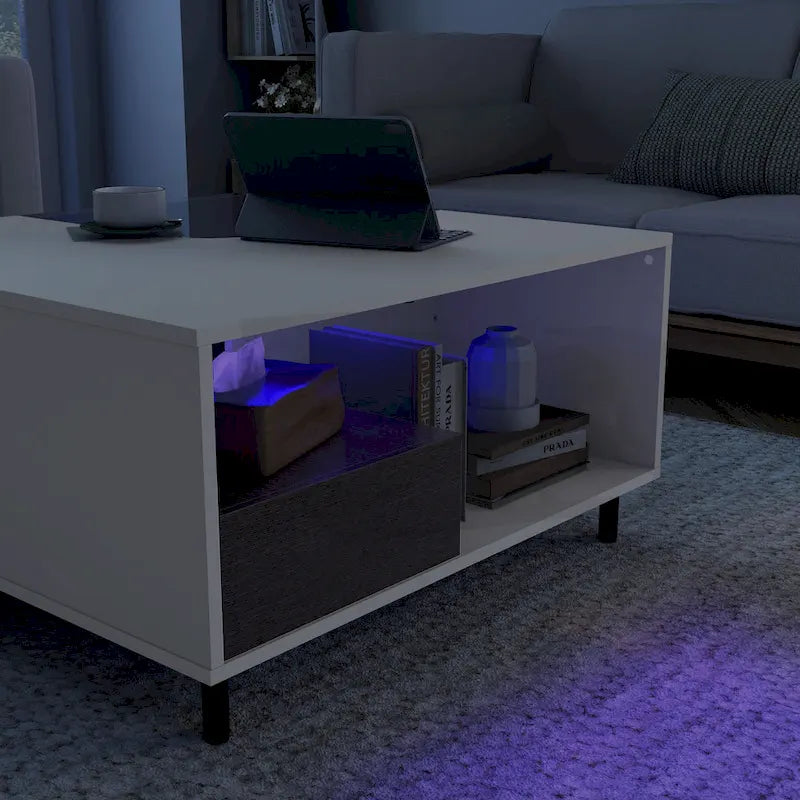 Mesa de centro blanca cuadrada con luz LED, estante y cajón, capacidad para 4 a 6 personas