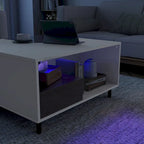 Mesa de centro blanca cuadrada con luz LED, estante y cajón, capacidad para 4 a 6 personas