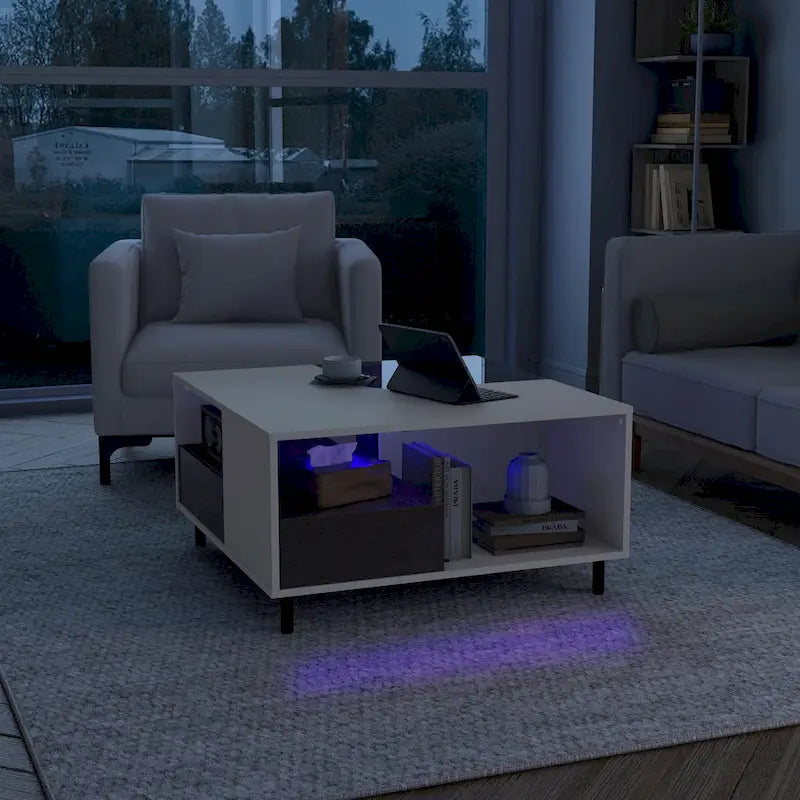Mesa de centro blanca cuadrada con luz LED, estante y cajón, capacidad para 4 a 6 personas