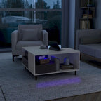 Mesa de centro blanca cuadrada con luz LED, estante y cajón, capacidad para 4 a 6 personas