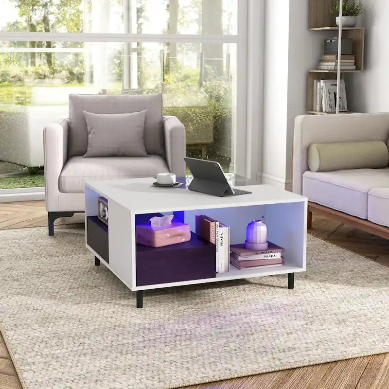 Mesa de centro blanca cuadrada con luz LED, estante y cajón, capacidad para 4 a 6 personas