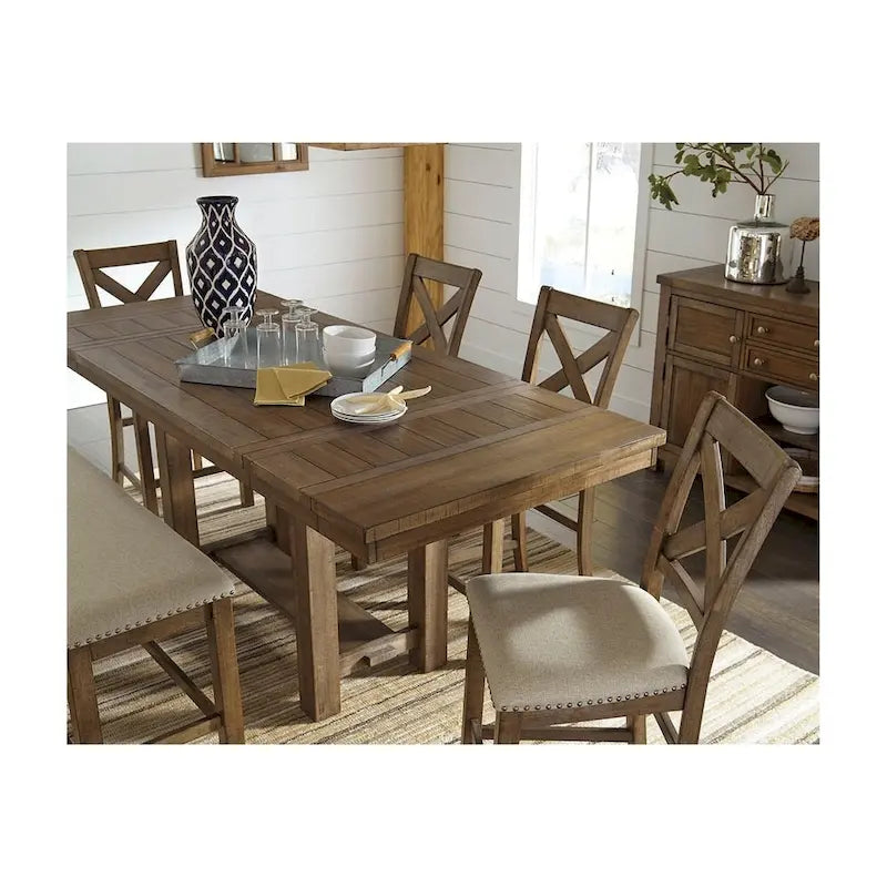 Mesa de comedor extensible de altura de mostrador marrón grisáceo, con capacidad para 8 personas