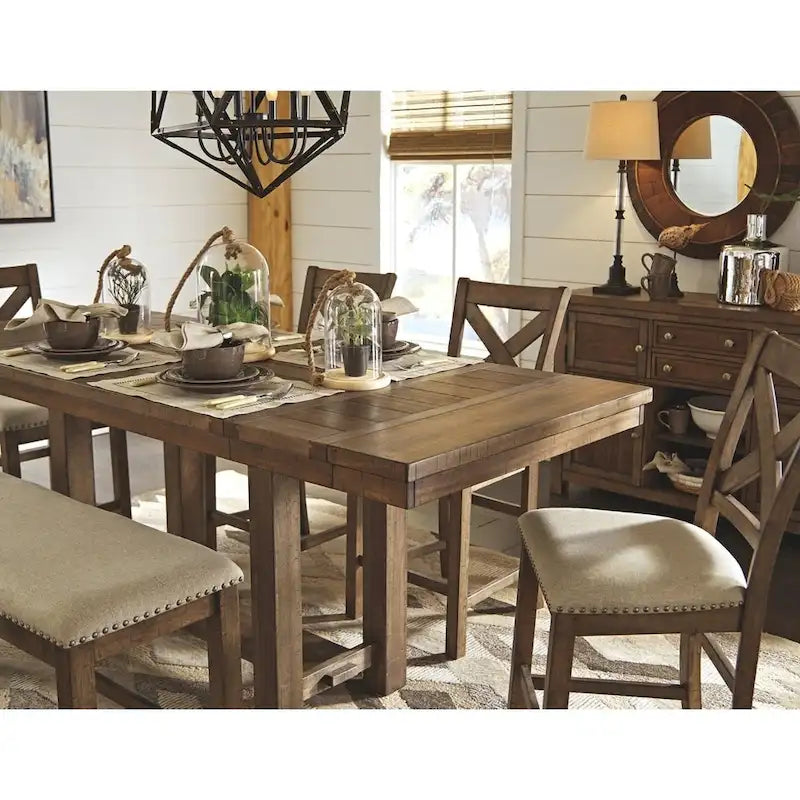 Mesa de comedor extensible de altura de mostrador marrón grisáceo, con capacidad para 8 personas