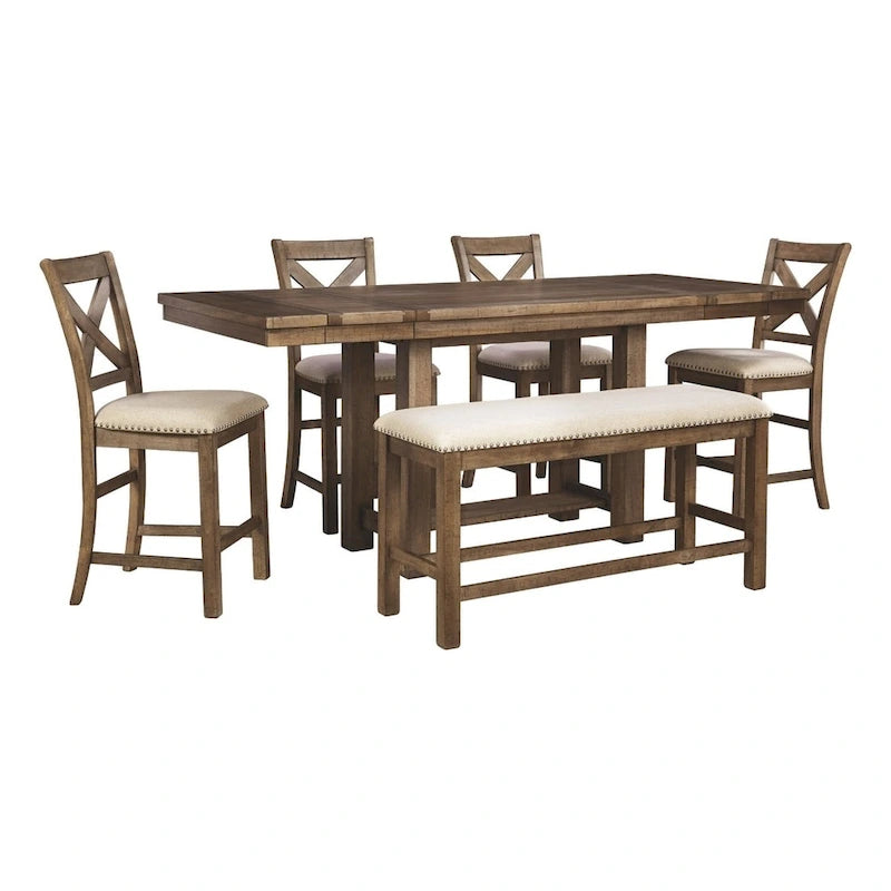 Mesa de comedor extensible de altura de mostrador marrón grisáceo, con capacidad para 8 personas